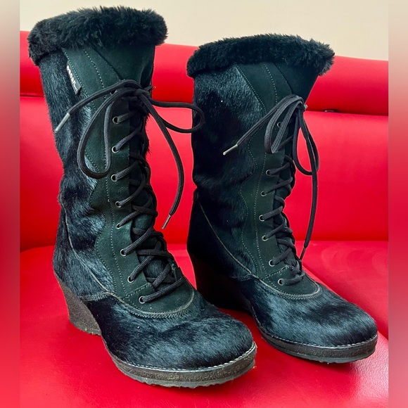 OSCAR SPORT Fur Boots WEDGE Shearling BLACK Size 38/7.5 Made in Italy - Picture 3 of 10